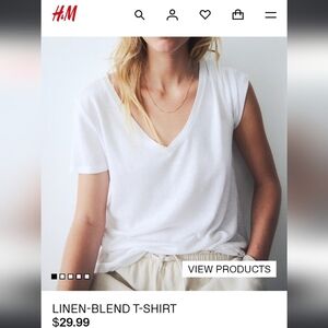 H&M 100% Linen Womens XL White Solid Basic Shirt V Neck Oversized Short Sleeve